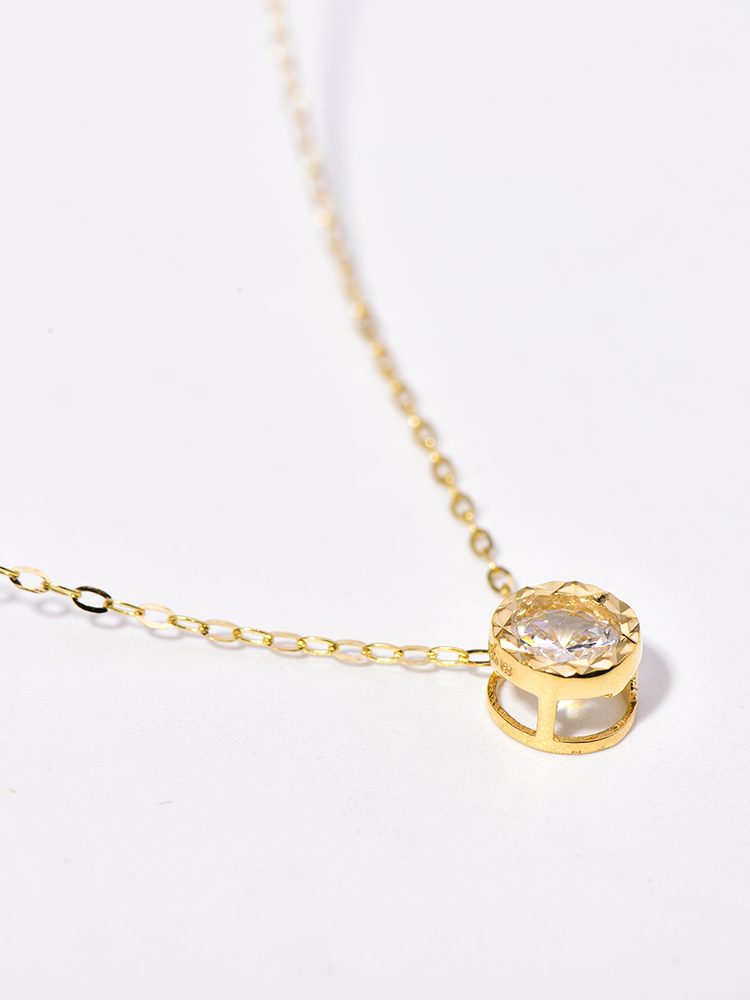 首尔k金纯14k金黄金韩国项链 时尚简约圆形锆石吊坠短款锁骨链
