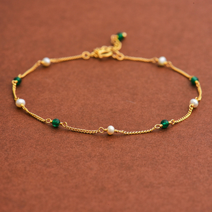 韩国纯14k金黄金手链 精致百搭小珍珠细款侧身满天星彩金手饰潮