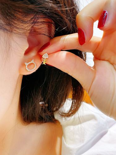 首尔k金纯10k 14k金黄金耳钉 2025新款潮锆石小猫ab款彩金耳饰女