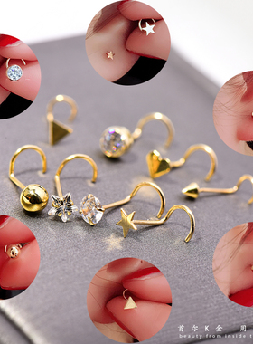 首尔k金纯10k/14k金首饰耳钉 五角星金球锆石弯钩耳骨钉女单只