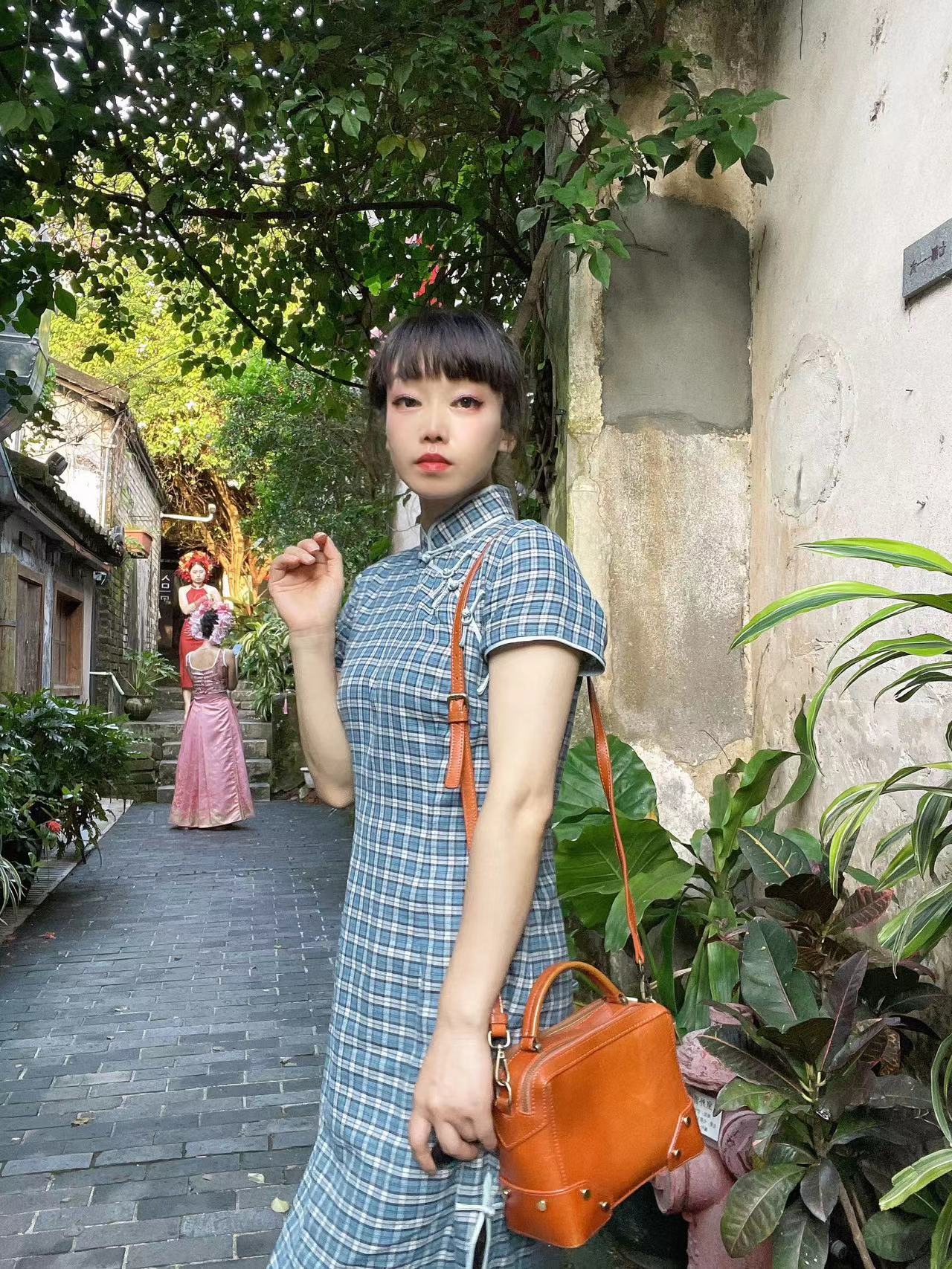 2024夏高端定制棉麻格子旗袍女新中式改良年轻款连衣裙民国风文艺