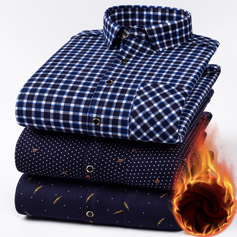 冬季男士保暖衬衫加绒加厚长袖格子印花条纹衬衣爸爸装宽松加大码