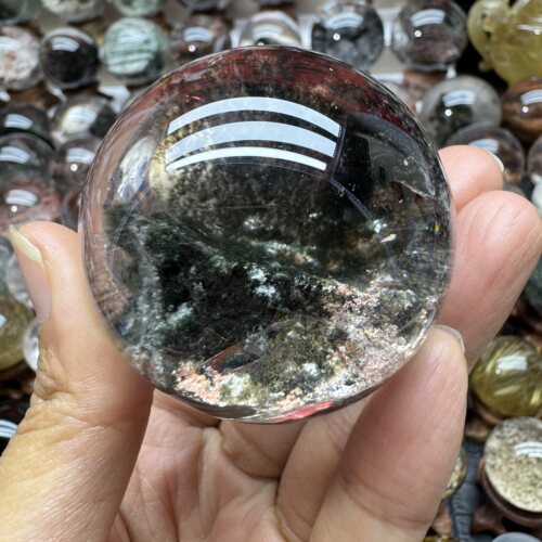 天然绿幽灵水晶球摆件直径52毫米四季幽灵球