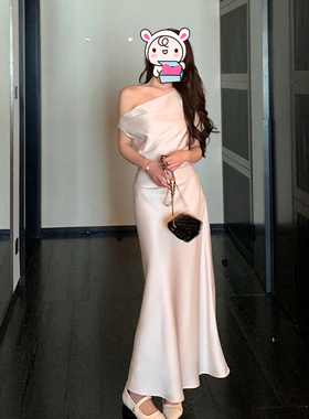 你但btuyuo 荡领斜肩连衣裙法式气质女白色收腰高级感气质鱼尾裙