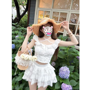 Kiymoi Dlol创原 小白花纯欲套装一字肩上衣甜美蛋糕裙 （用备）
