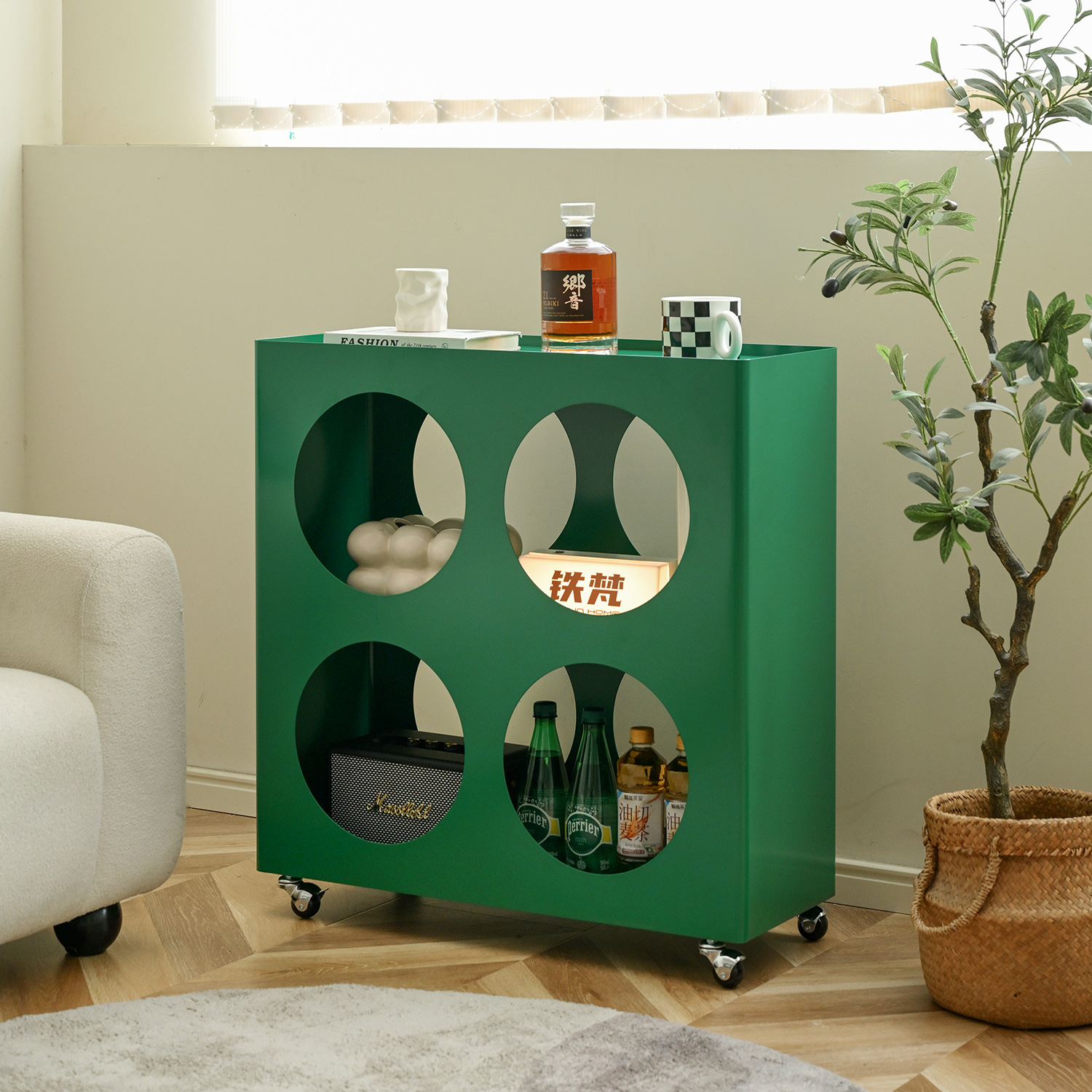 铁梵 客厅落地置物架可移动小书架矮柜子收纳展示储物柜书柜一体