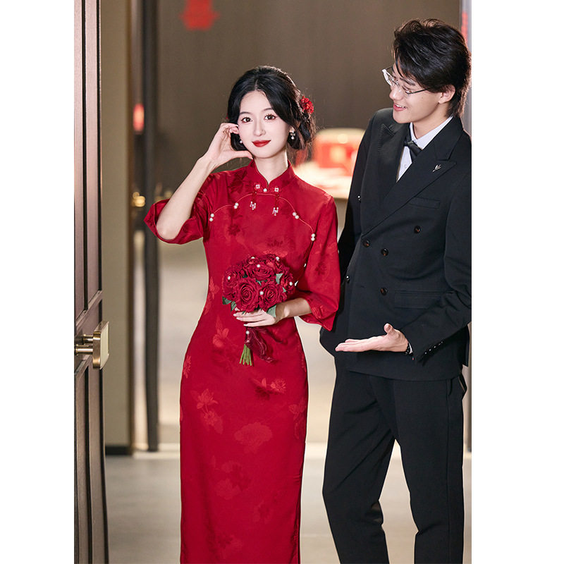 喜婆婆婚礼紫色旗袍复古优雅新娘旗袍