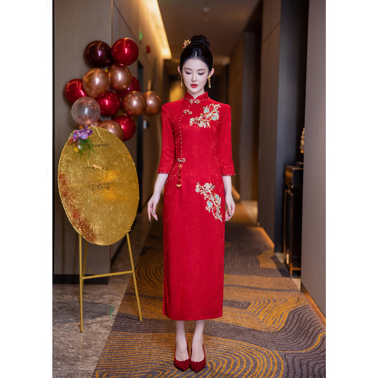 红色旗袍订婚礼服女2025秋季旗袍