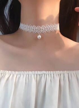 蕾丝珍珠吊坠颈带链女