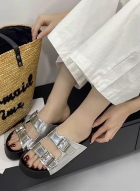 专柜撤柜断码平底厚底舒适皮带扣勃肯露趾凉拖鞋女KL252112-2A