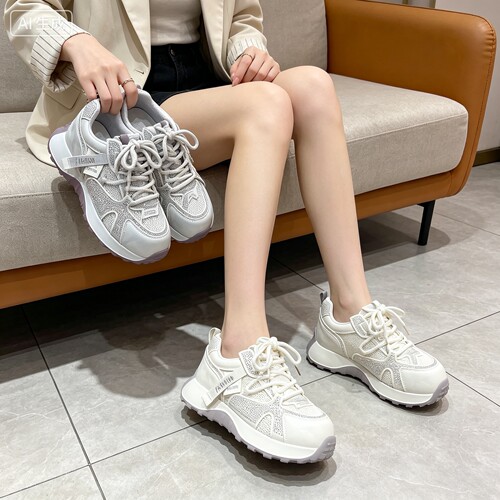 真皮+透网！专柜商场撤柜断码厚底水钻时尚休闲老爹鞋女Z7-871933