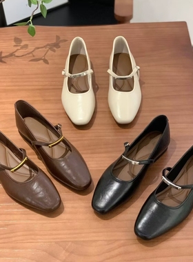 法式方头浅口单鞋女粗跟平底复古玛丽珍鞋温柔晚晚鞋KD243101-5A