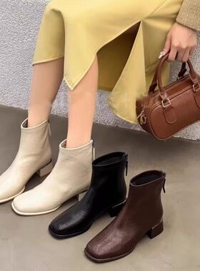瘦瘦靴！气质名媛！专柜女鞋中跟粗跟时装短靴女百搭Z6-76507-7A