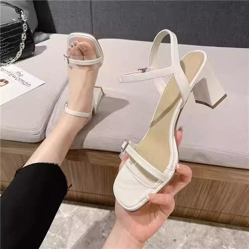 专柜女鞋粗跟高跟露趾一字带气质凉鞋女透明带时尚名媛B3210566