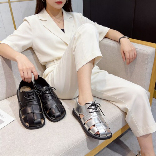 真皮！专柜断码女鞋包头凉鞋女平底镂空编织罗马洋气秀气M6558991