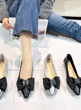 法式蝴蝶结尖头玛丽珍鞋女浅口晚晚风配裙子平底单鞋Z1-21833-1