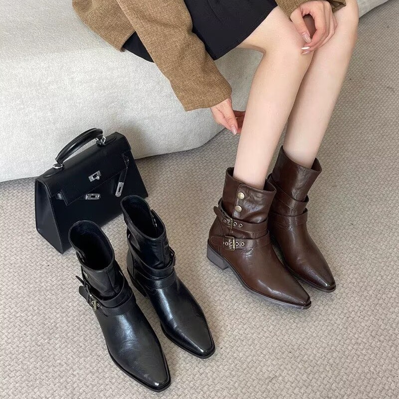 专柜商场撤柜断码粗跟时尚皮带扣保暖西部牛仔短靴女G757063-1A,女鞋,时装靴,淘宝优惠券,粉丝福利购,淘宝优惠卷