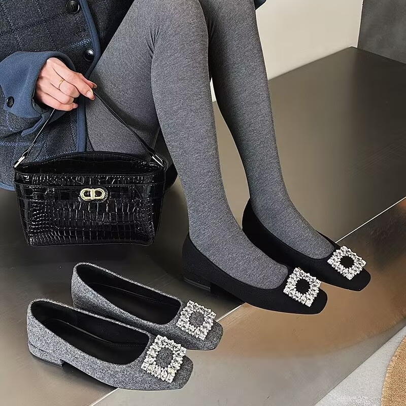 呢子布！专柜断码女鞋时尚粗跟浅口单鞋女方扣水钻气质G7-9268-26