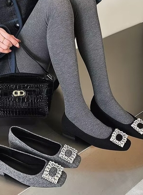 呢子布！专柜断码女鞋时尚粗跟浅口单鞋女方扣水钻气质G7-9268-26