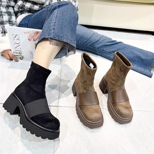 18A 厚底圆头轻便短靴马丁靴女Z51909 真皮羊京绒面 专柜撤柜断码