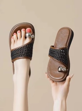 法式套趾镂空编织一字拖鞋女外穿平底沙滩度假凉拖鞋女G93005-7