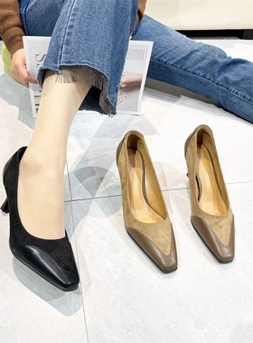 专柜断码特价女鞋细跟中跟尖头气质洋气单鞋女拼色时尚D731068-7