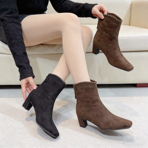 专柜商场撤柜断码粗跟方头时尚气质后拉链时装短靴女G930760-7A