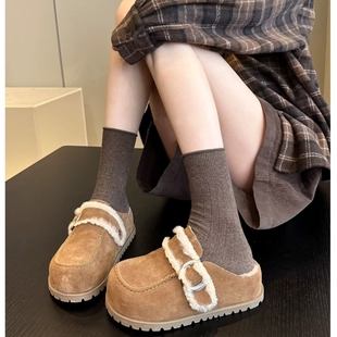 女Z26 真皮 厚底一字带包头半拖鞋 专柜商场撤柜断码 52566A 羊毛