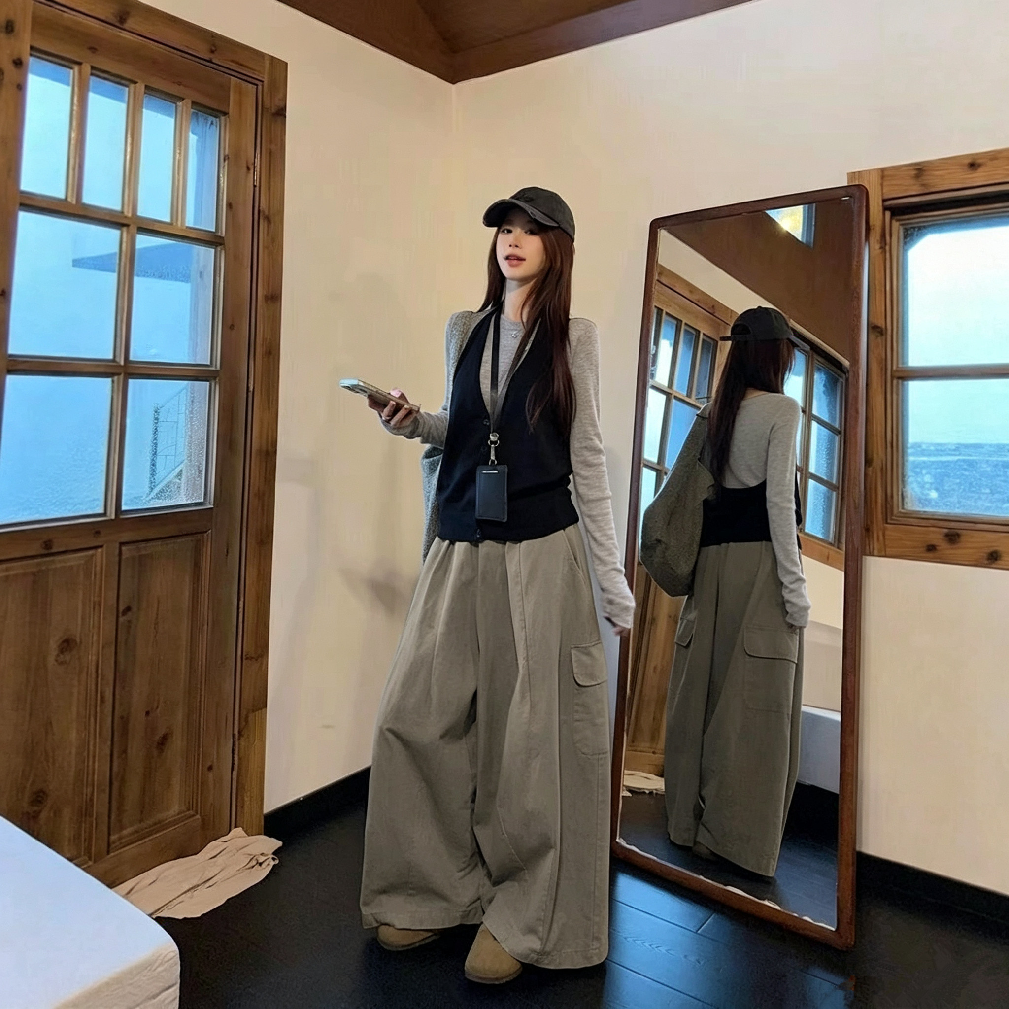 时尚韩系长袖针织衫叠穿挂脖背心女秋季显瘦百搭工装休闲裤三件套