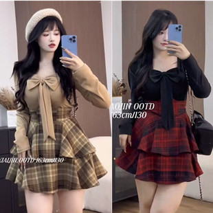 大码微胖mm韩版复古学院套装秋冬款显瘦时尚格子上衣束腰两件套女