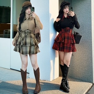 显瘦遮肉套装 上衣格子高腰短裙新款 女 衬衫 微胖MM纯欲风JK制服套装