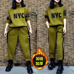 加绒加厚休闲套装女秋冬新款韩版大码宽松百搭卫衣运动裤两件套潮