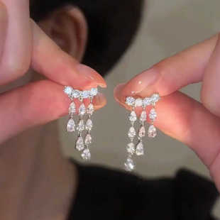 925银针锆石水滴流苏耳环女小众设计感高级轻奢气质名媛风耳饰女