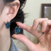 法式 简约高级感百搭耳环耳饰 复古蓝色水晶方形耳扣女小众气质时尚