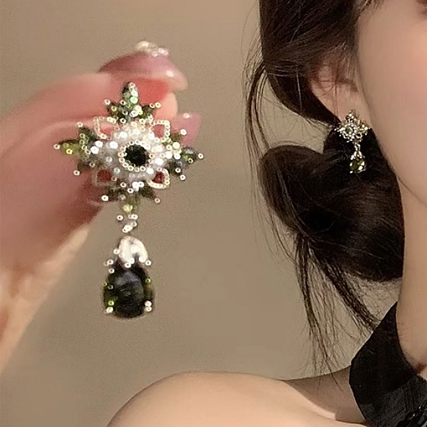时尚复古精致锆石珍珠花朵耳环女