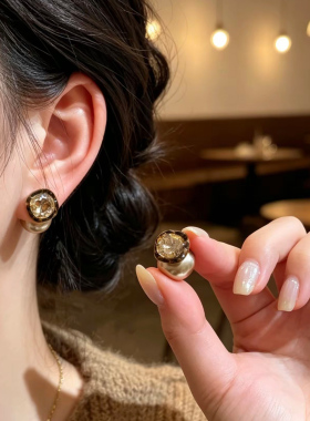 秋冬美拉德豹纹香槟方钻珍珠耳环