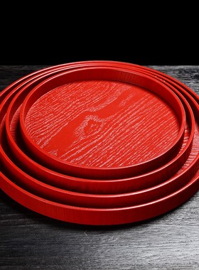 喜庆红色圆形托盘中式婚庆敬茶盘家用放茶杯结婚零食木盘镂空手绘