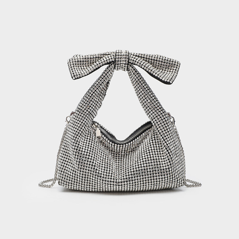 新款时尚镶钻蝴蝶结水钻兔子饺子枕头包闪亮宴会百搭手拿斜挎包
