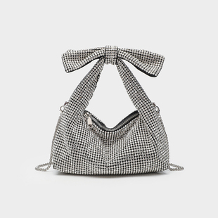新款 镶钻蝴蝶结水钻兔子饺子枕头包闪亮宴会百搭手拿斜挎包 时尚