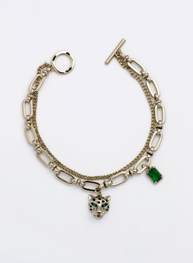 Favorite冷淡风潮酷豹子头祖母绿手链女y2k双层个性高街镀金手饰