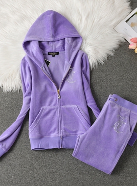 juicy coconut天鹅绒运动服套装女款卫衣连帽外套烫钻修身金丝绒