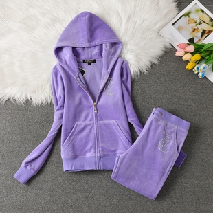 juicy coconut天鹅绒运动服套装女款卫衣连帽外套烫钻修身金丝绒