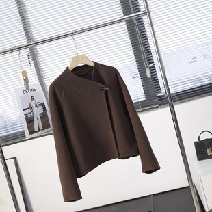 新中式 毛呢外套dm1219 双面呢两穿羊绒大衣女2025秋冬牛角扣短款
