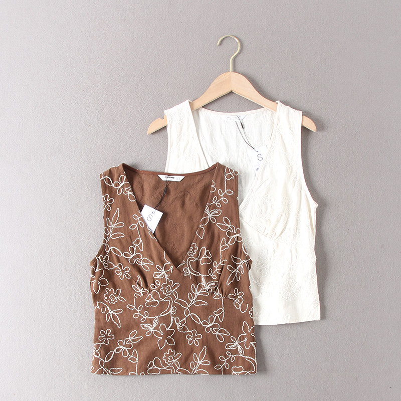 出西班牙单！19.9欧！立体绳纤刺绣亚麻混纺精美系带显瘦马甲背心