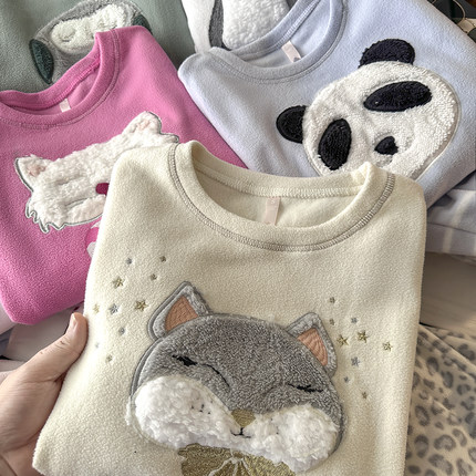 老美单！圆领可爱卡通刺绣摇粒绒睡衣睡裤家居服套装女新款1114