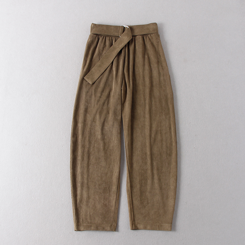 出西班牙单!女高级感腰带金属环装饰半松紧宽松麂皮绒休闲弯刀裤