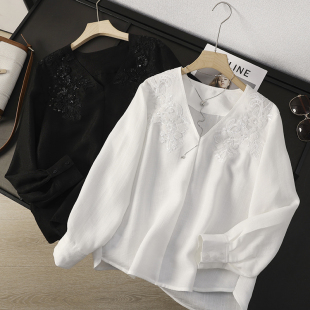 巨美！ ！新中式国风女装重工刺绣珠V领长袖衬衫上衣小衫女dm514