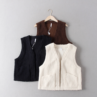 出老美单！女款秋颗粒感仿羊羔毛百搭双口袋无扣叠穿马甲坎肩