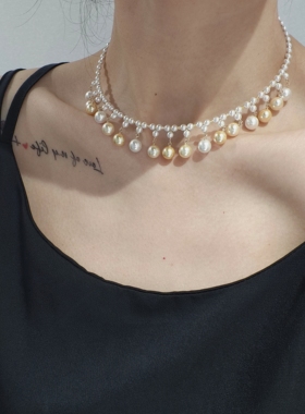 ISLA孤岛重手工14K包金流苏项链锁骨链金珠颈链满天星施家珍珠