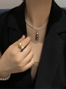 ISLA孤岛原创孔雀绿珍珠猫尾吊坠10mm仿大溪地活扣s925银通勤项链